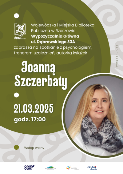 Grafika promująca spotkanie z Joanną Szczerbaty